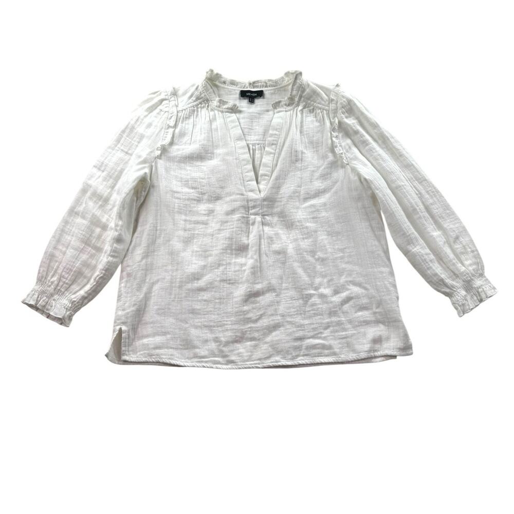 ME+EM Cotton Gauze Blouse 4 White V-Neck Ruffle Neck Balloon Sleeve Prairie